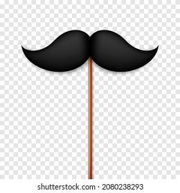 Realistic black mustache on a wooden stick. Fake paper mustache isolated on white background. Fashionable facial hair. Vintage design element. Creative vector illustration.