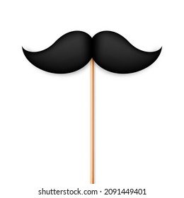 Realistic black mustache on a wooden stick. Fake paper mustache isolated on white background. Fashionable facial hair. Vintage design element. Creative vector illustration.