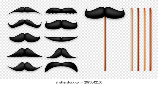 Realistic black mustache on a wooden stick. Fake paper mustache isolated on white background. Fashionable facial hair. Vintage design element. Creative vector illustration.