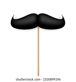 Realistic black mustache on a wooden stick. Fake paper mustache isolated on white background. Fashionable facial hair. Vintage design element. Creative vector illustration.