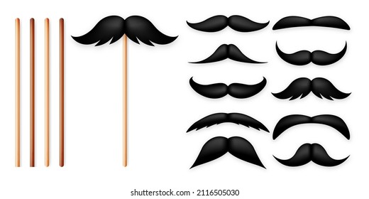 Realistic black mustache on a wooden stick. Fake paper mustache isolated on white background. Fashionable facial hair. Vintage design element. Creative vector illustration.