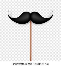 Realistic black mustache on a wooden stick. Fake paper mustache isolated on white background. Fashionable facial hair. Vintage design element. Creative vector illustration.