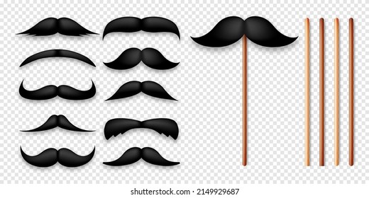 Realistic black mustache on a wooden stick. Fake paper mustache isolated on transparent background. Fashionable facial hair. Vintage design element. Creative vector illustration.