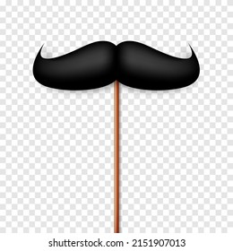 Realistic black mustache on a wooden stick. Fake paper mustache isolated on white background. Fashionable facial hair. Vintage design element. Creative vector illustration.