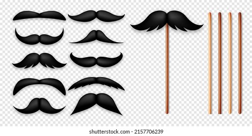 Realistic black mustache on a wooden stick. Fake paper mustache isolated on transparent background. Fashionable facial hair. Vintage design element. Creative vector illustration.