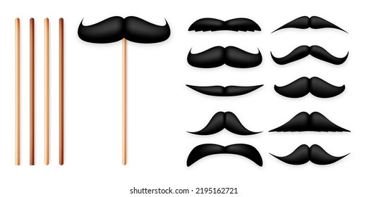 Realistic black mustache on a wooden stick. Fake paper mustache isolated on white background. Fashionable facial hair. Vintage design element. Creative vector illustration.