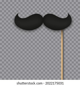 Realistic black mustaches on a stick isolated on transparent background. Template design for masquerade, holiday, party. Retro vintage art. Vector illustration