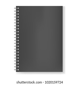 Realistic black notebook on spiral binder mockup, copybook blank cover. Clear dark notepad or sketchbook front page with shadow