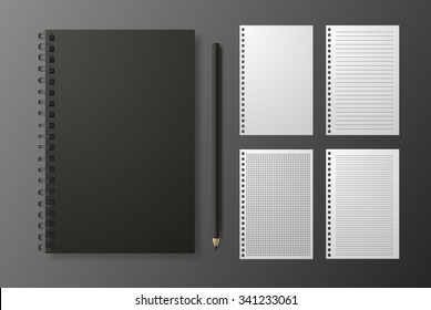 Realistic black notebook with pencil and template blanks, vector