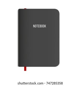 Realistic Black Notebook With Red Bookmark, Vector Illustration.