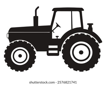 Realistic black old tractor silhouette on white background