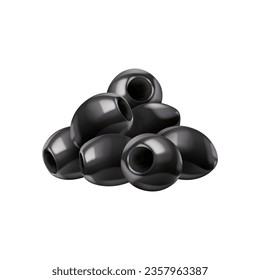 Realistic black olives. Raw olives pile. Isolated 3d vector towering heap of plump, glossy black seedless berries, exuding a rich, earthy aroma. A delectable mediterranean delight, for gourmet dishes