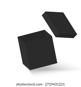 Caixa aberta preta realista em um fundo branco, ilustração vetorial 3D isolada perfeita para design de embalagem, apresentação do produto, conceitos de marca e modelos de publicidade minimalista.