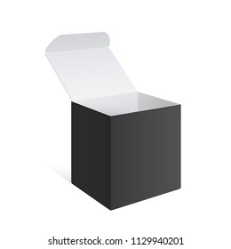 Realistic Black Open Package Box. For Software, electronic device and other products. Vector illustration.