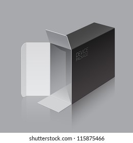 Realistic Black Package Box Opened lying on its side. For Software, electronic device and other products. Vector illustration.