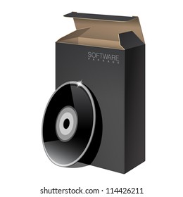 Realistic Black Package Cardboard Box with DVD Or CD Disk. Vector illustration