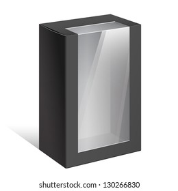 Realistic Black Package Cardboard Box with a transparent plastic window. On separate layers box and plastic window. Vector illustration.