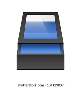 Realistic Black Package Sliding Box Opened with transparent plastic window. For small items, matches, and other things. Vector Illustration