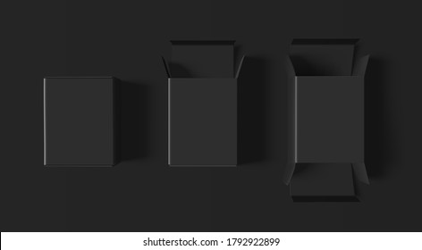 Realistic black packaging box mockup on dark background. Vector illustration.