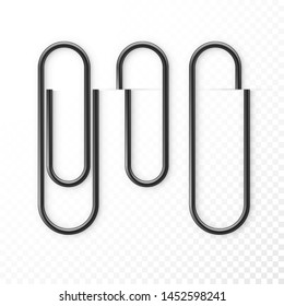 Realistic Black Paper Clip Attachment Set with shadow. Attach file business document. Paperclip icon. Vector illustration isolated on transparent background