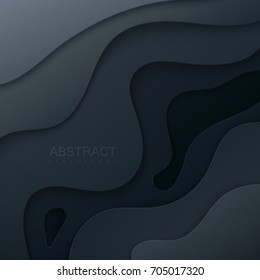 Realistic black paper cut background. Abstract dark paper poster textured with diffuse layers. Canyon relief imitation. Carving craft object. Vector art illustration. Cover layout design template.