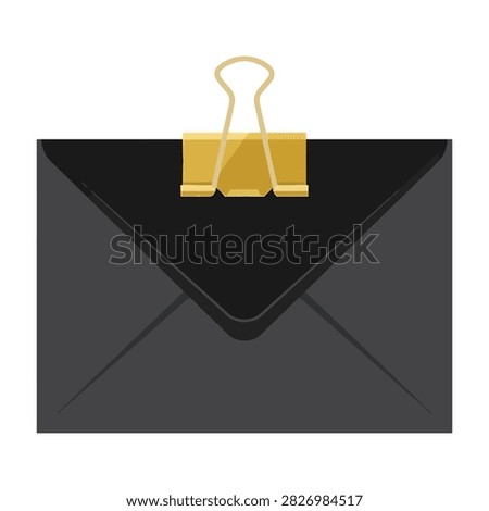 A realistic black paper envelope secured with a golden binder clip, isolated on a white background. A perfect vector concept for mail, business documents, and office supplies.