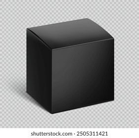 Realistic black paperboard box mockup. Vector illustration on transparent background. Half side view. Can be use for food, cosmetic, pharmacy, sport and etc. Ready for your design. EPS10.