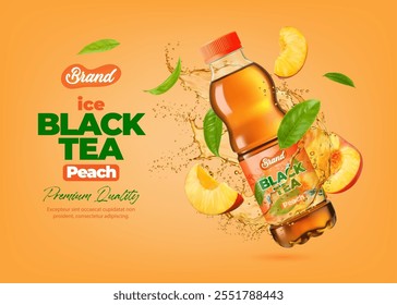 Realista botella de té de melocotón negro con salpicadura de bebida y hojas de té verde. Vector 3D paquete de botella de plástico de jugo de fruta dulce bebida, remolino salpicadura, gotas y rebanadas de melocotón fresco, bebida de fruta anuncio