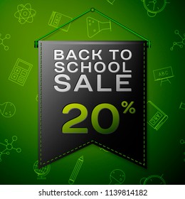 Realistic Black pennant with inscription Back to School Sale Twenty percent Discounts on green background. Seamless pattern with school elements. Sale concept for shops store. Vector illustration