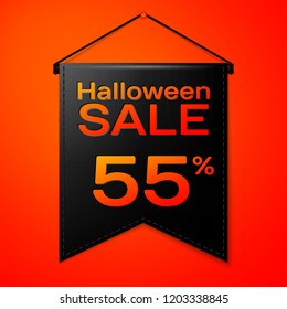 Realistic Black pennant with inscription Halloween Sale Fifty five percent for discount on red background. Colorful sticker, banner for sale, shopping, business theme. Vector illustration