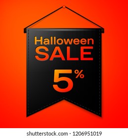Realistic Black pennant with inscription Halloween Sale Five percent for discount on red background. Colorful sticker, banner for sale, shopping, business theme. Vector illustration