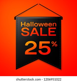 Realistic Black pennant with inscription Halloween Sale Twenty five percent for discount on red background. Colorful sticker, banner for sale, shopping, business theme. Vector illustration
