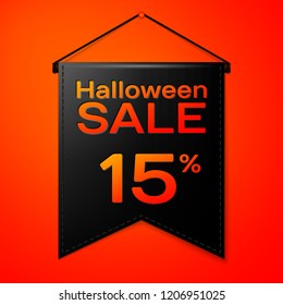 Realistic Black pennant with inscription Halloween Sale Fifteen percent for discount on red background. Colorful sticker, banner for sale, shopping, business theme. Vector illustration