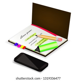 Realistic black phone and notebook on the white background.