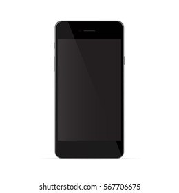 Realistic black phone with black screen, isolated on white background. Vector illustration.