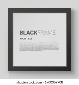 Realistic black photo frame isolated on grey wall. Memorial square frame for portrait or necrology vector illustration. Mourning template in minimalist design. Funeral ceremony and condolence card