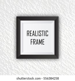 Realistic black photo frame mockup isolated on white factured background. Vector Illustration