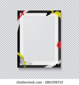 Realistic black photo frame painted with graffiti paint on a transparent background. Vector illustration.