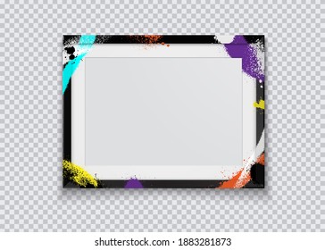 Realistic black photo frame painted with graffiti paint on a transparent background. Vector illustration.