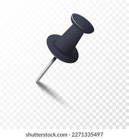 Realistic black pin tack with shadow isolated on transparent background. Plastic paperwork and sewing accessory. Thumbtack at an angle view. 3d vector illustration