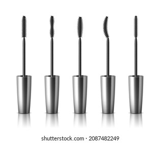 Realistic black plastic mascara brushes with wand of different shapes. Realistic 3d eyeliner. Cosmetic product for eye beauty. Vector illustration