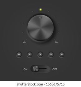 Realistic Black Plastic Panel Media Audio Player with Knob, Control, Buttons, Set. Design Template of Circular Processing, Power Volume Playback, On and Off, Start, Power Push-Button. Stock Vector