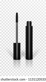 Realistic black plastic tube with mascara and brush. 3d package isolated on transparent background. Container of cosmetic product for eye beauty. Vector eps10