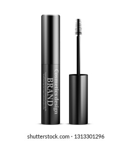 Realistic black plastic tube with mascara and brush. Vector illustration isolated on white background