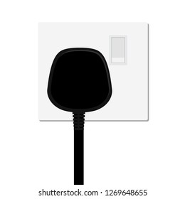 Realistic black plug inserted in electrical outlet power socket, isolated on white background. Icon of device for connecting electrical appliances, equipment. Electric plug and socket.