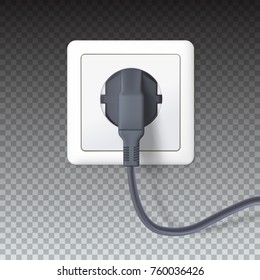 Realistic black plugs inserted in electrical outlet, isolated on transparent background. Electric plugs and socket. 3D illustration. Icon of device, connecting electrical appliances, equipment