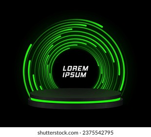 Realistic black podium with green speed lines. Luxury round pedestal and platform, stand stage and cylinder.