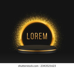 Realistic black podium with light effect. Luxury round pedestal and platform, stand stage and cylinder.