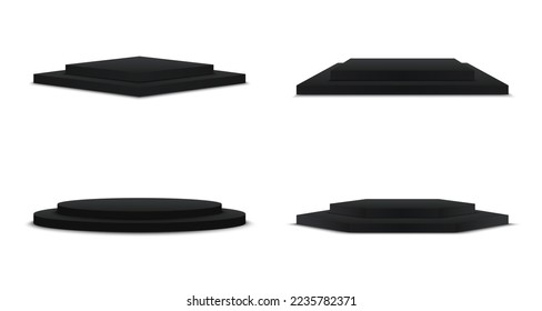 Realistic black podiums or exhibition pedestals. Round, square, rhombus, hexagon empty podium set. Mockup template for your design. Concept for advertising or presentation. 3d vector illustration