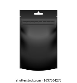Realistic black pouch doypack with zip lock isolated on white background. Vector pack mockup for product design and branding. Blank food foil or plastic package template